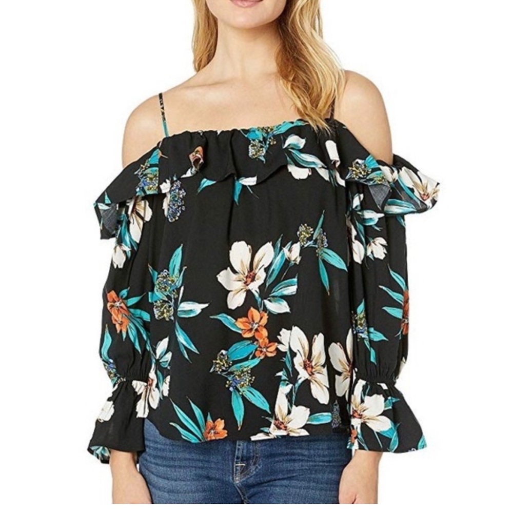 KAREN KANE Island Rhythm Bracelet Sleeve Top Blouse Black Floral Off Shoulder